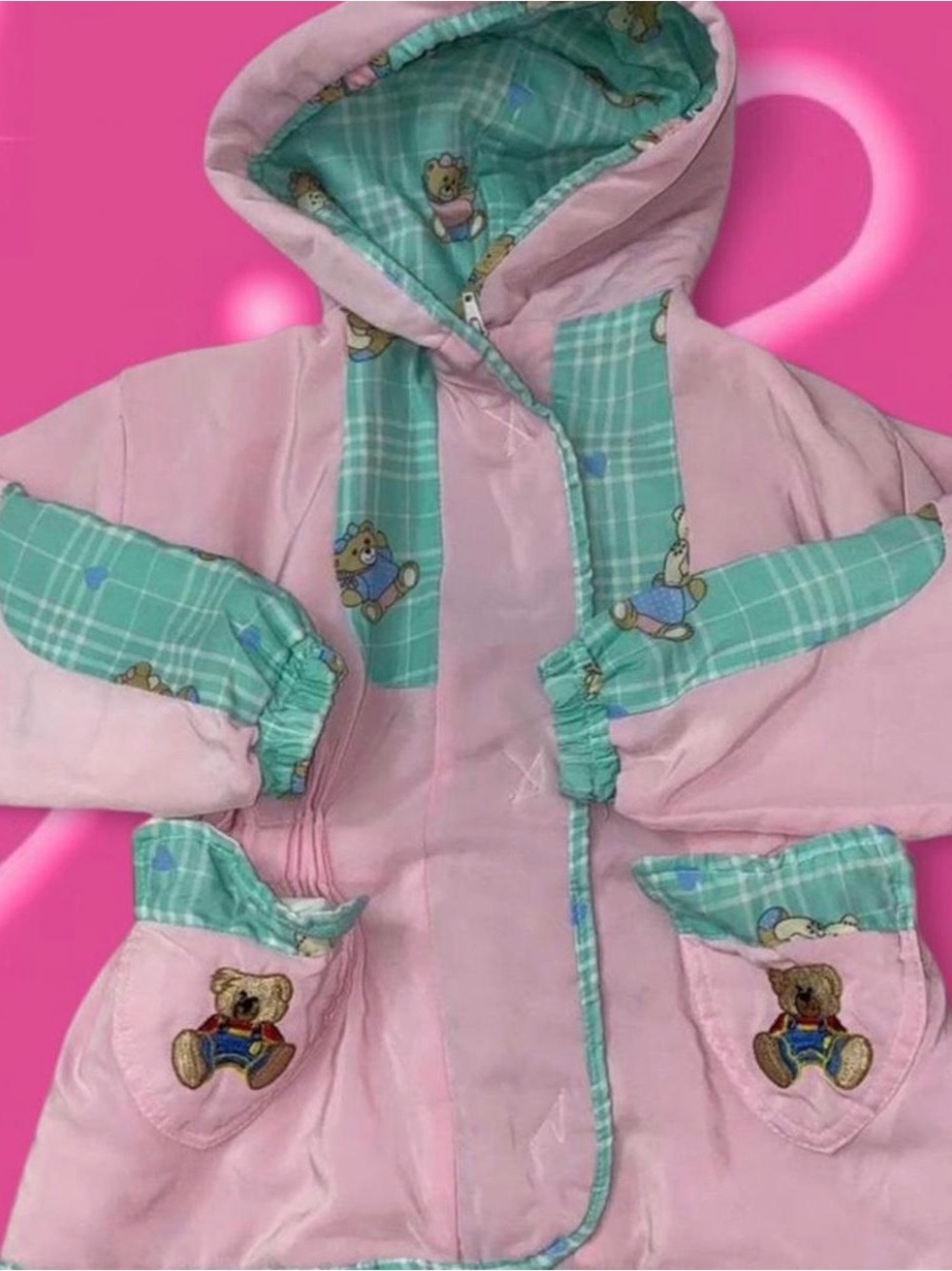 80s Pink and Green Teddy Bear Hooded Jacket